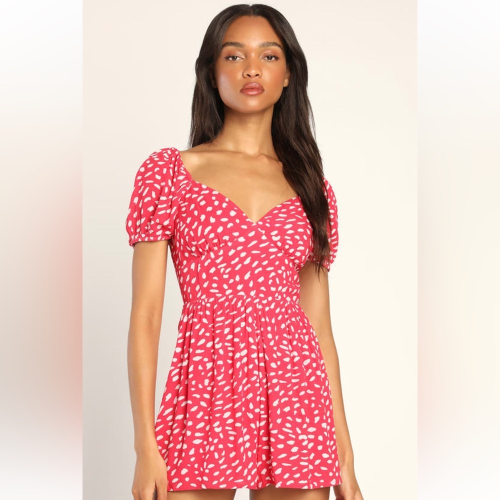 Lulu's Hey Sunny Red Dotted Short Sleeve Romper in Red - Picture 2 of 10